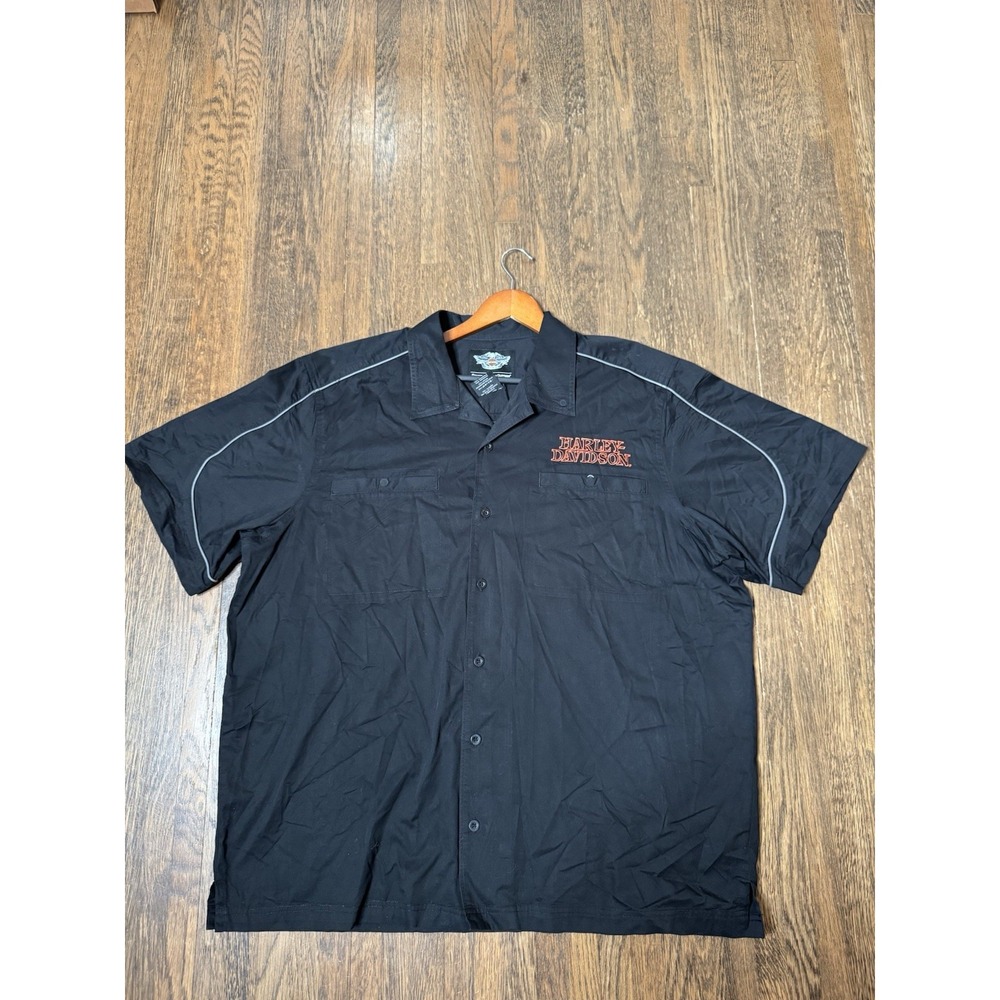 Harley Davidson Mens 2XL Black SS Button Up Mechanic Shirt Willie G Skull Flame